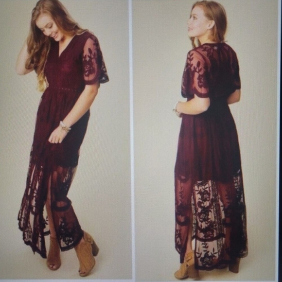 Altar'd State Marionette Maxi All Lace Dress Large Maroon Burgundy Mid Sleeve - Picture 2 of 10